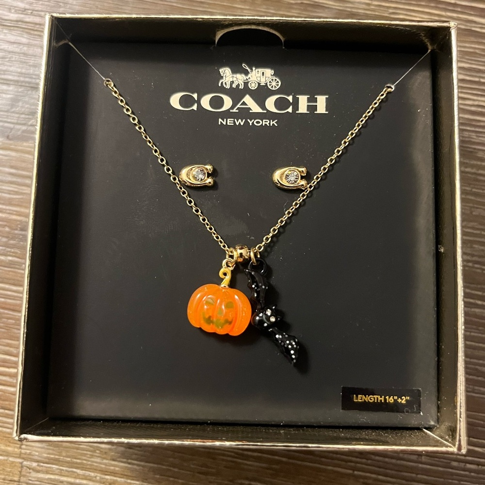 NWT Coach Outlet Pumpkin And Bat Pendant Necklace Set